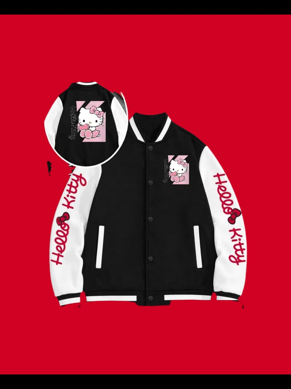 Hello Kitty Black and White Letterman Jacket with Pink Graphic